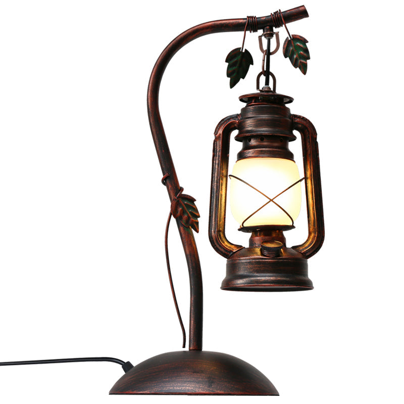 Nautical Copper Finish Gooseneck Table Lamp - Metal 1-Light Plug-In Night Light With Lantern Shade