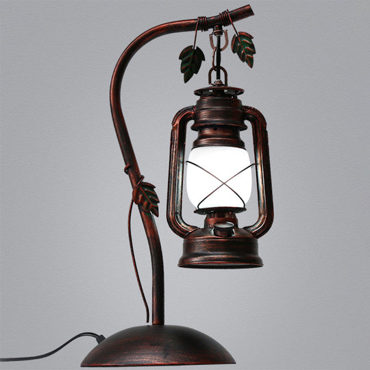 Nautical Copper Finish Gooseneck Table Lamp - Metal 1-Light Plug-In Night Light With Lantern Shade