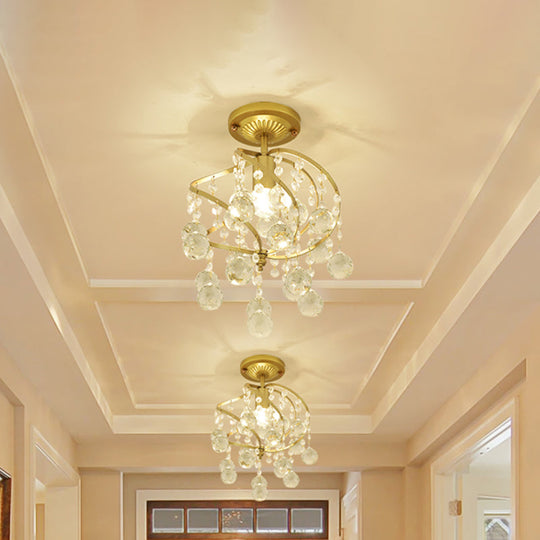 Contemporary Spiral Semi Flush Ceiling Lamp - Metallic 1 Light Golden Corridor Light with Crystal Drop