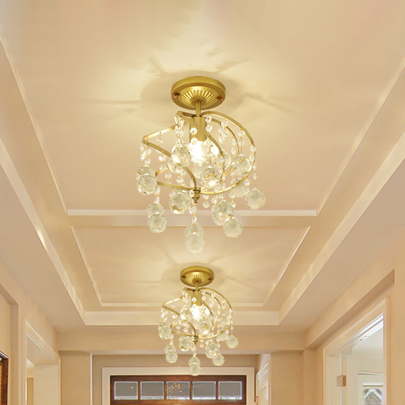 Contemporary Spiral Semi Flush Ceiling Lamp - Metallic 1 Light Golden Corridor With Crystal Drop