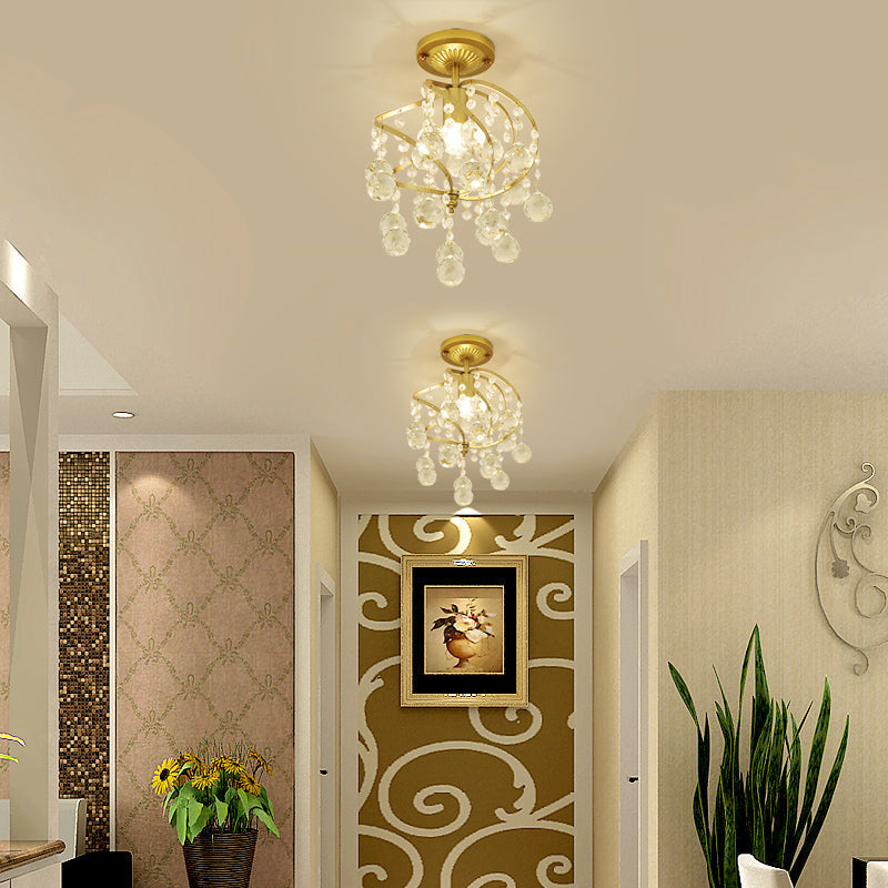 Contemporary Spiral Semi Flush Ceiling Lamp - Metallic 1 Light Golden Corridor Light with Crystal Drop