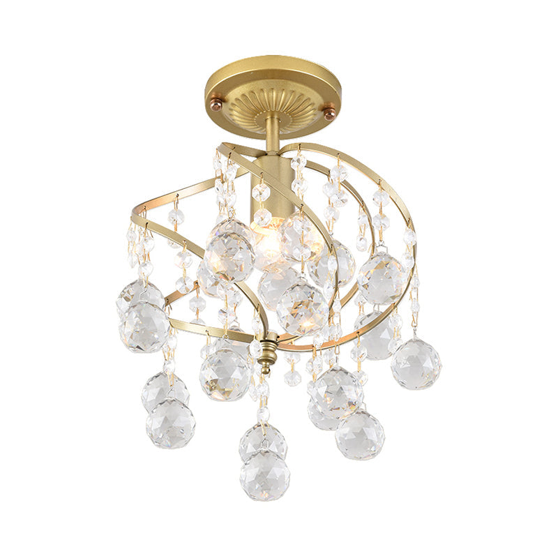 Contemporary Spiral Semi Flush Ceiling Lamp - Metallic 1 Light Golden Corridor Light with Crystal Drop