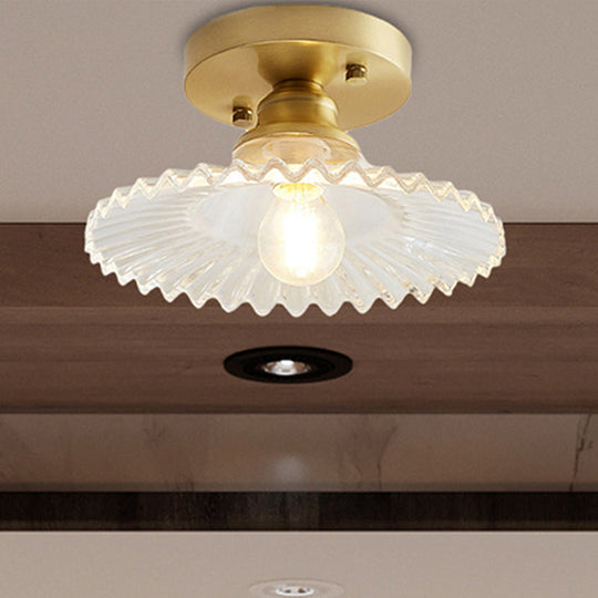 Semi-Flush Industrial Ceiling Mount: 1-Light Flared Clear/Green Ribbed Glass For Living Room