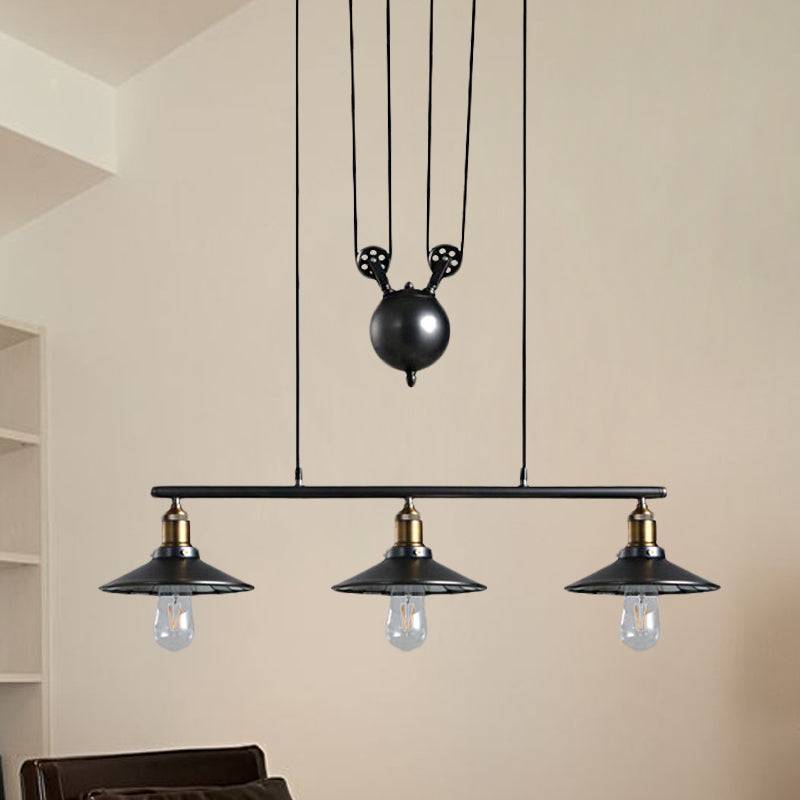 Industrial Metal Saucer Foyer Island Light With Pulley - 3 Black Hanging Lights