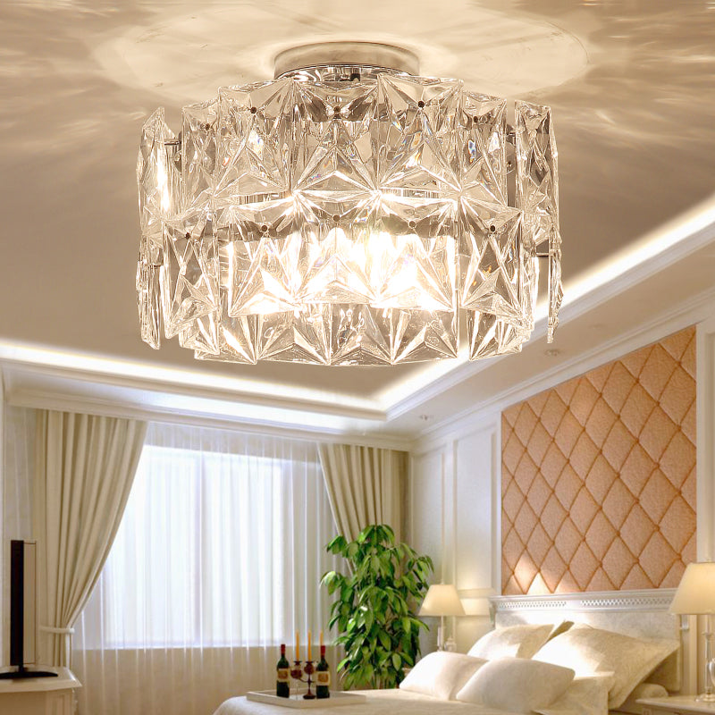 6-Light Clear Crystal Cubic Ceiling Flush Mount for Bedroom Simplicity