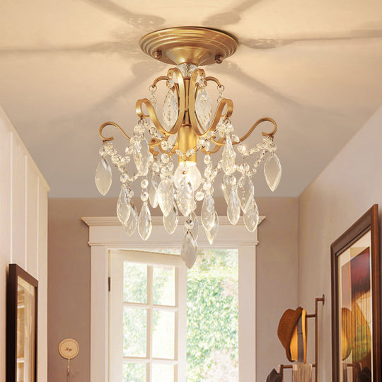 Golden Semi Flush Mount Light With Crystal Droplet - Traditional Bent Arm Design