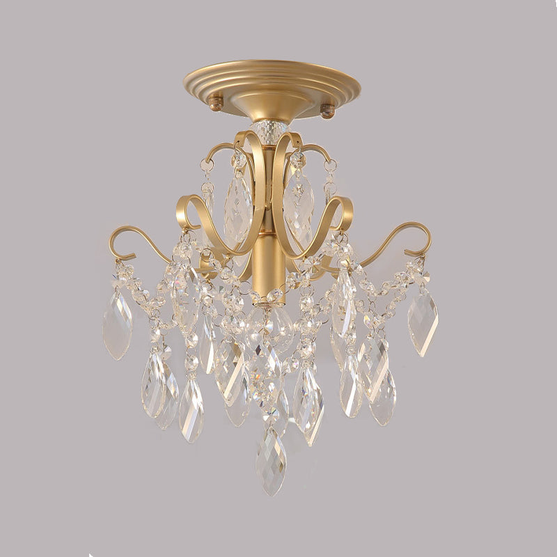 Golden Semi Flush Mount Light With Crystal Droplet - Traditional Bent Arm Design