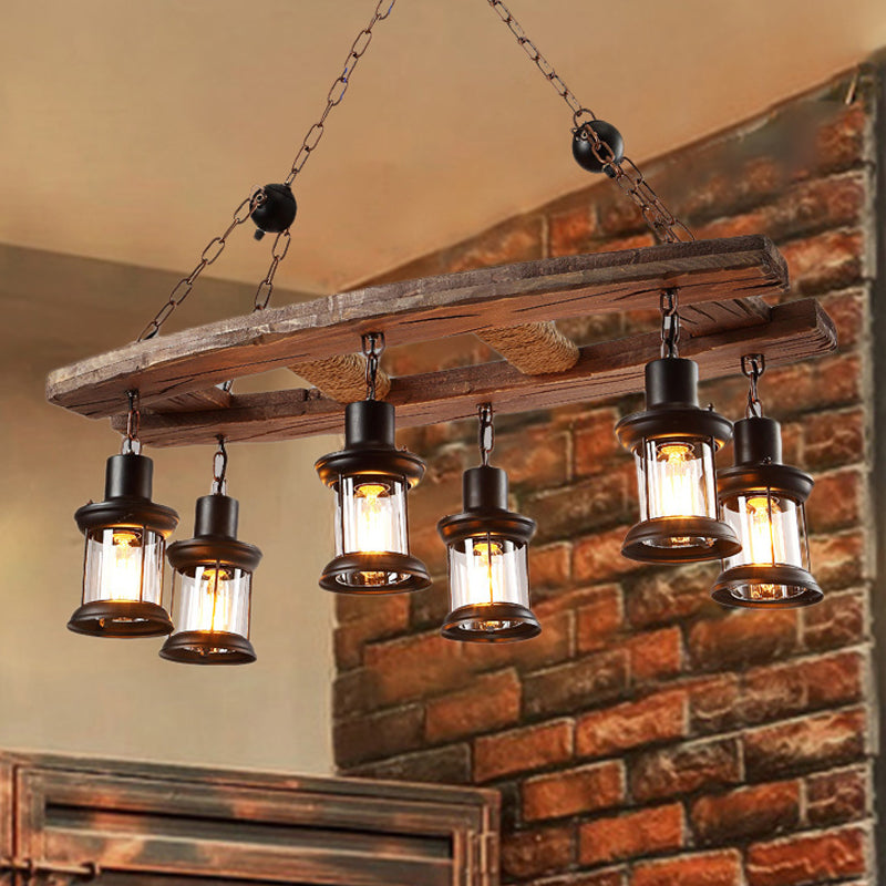 Rustic 6-Light Pendant Lantern: Clear Glass & Black With Wooden Board