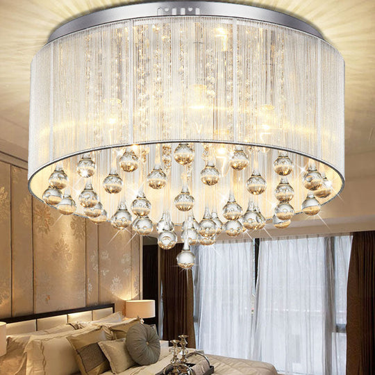 Contemporary Silver Flush Mount Drum Light with 6-Light Crystal Fixture for Bedrooms