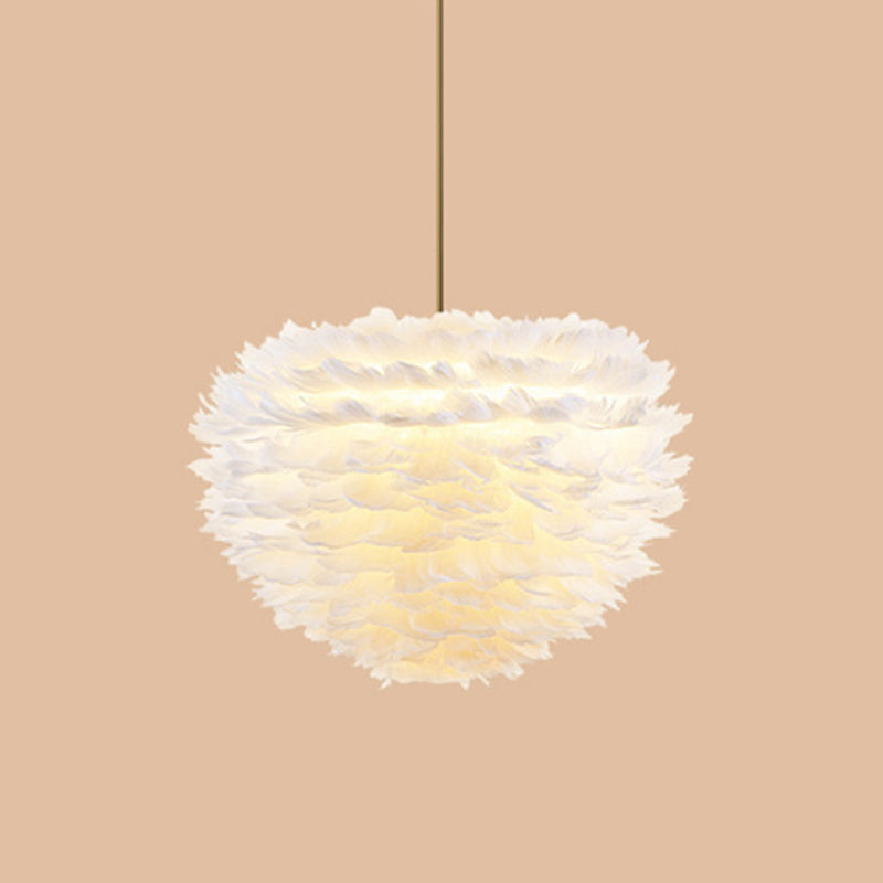 Modern Hand-Woven Feather Globe Chandelier For Bedroom - White Pendant Light 3 /