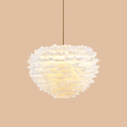 Modern Hand-Woven Feather Globe Chandelier For Bedroom - White Pendant Light 3 /