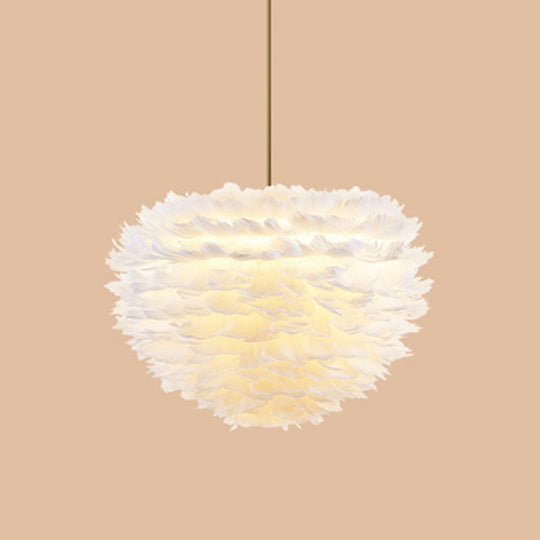 Modern Hand-Woven Feather Globe Chandelier For Bedroom - White Pendant Light 5 /