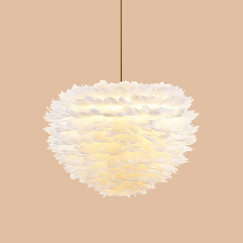 Modern Hand-Woven Feather Globe Chandelier For Bedroom - White Pendant Light 7 /