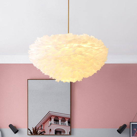 Modern Hand-Woven Feather Globe Chandelier For Bedroom - White Pendant Light