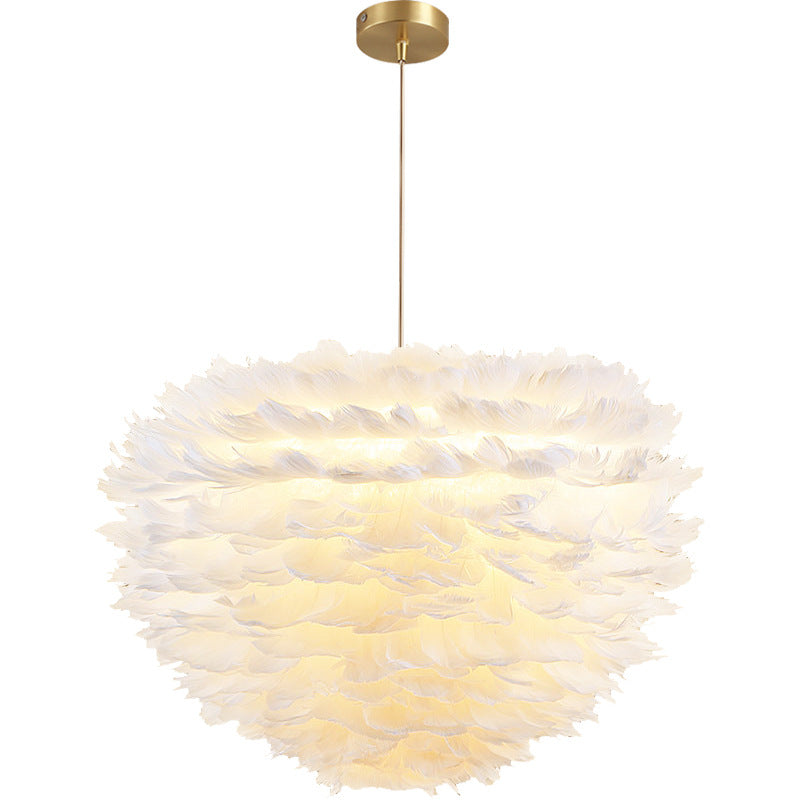 Modern Hand-Woven Feather Globe Chandelier For Bedroom - White Pendant Light