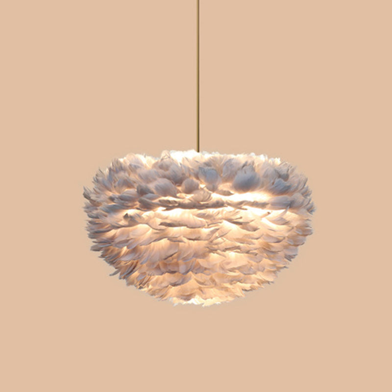 Modern Hand-Woven Feather Globe Chandelier For Bedroom - White Pendant Light 3 / Grey