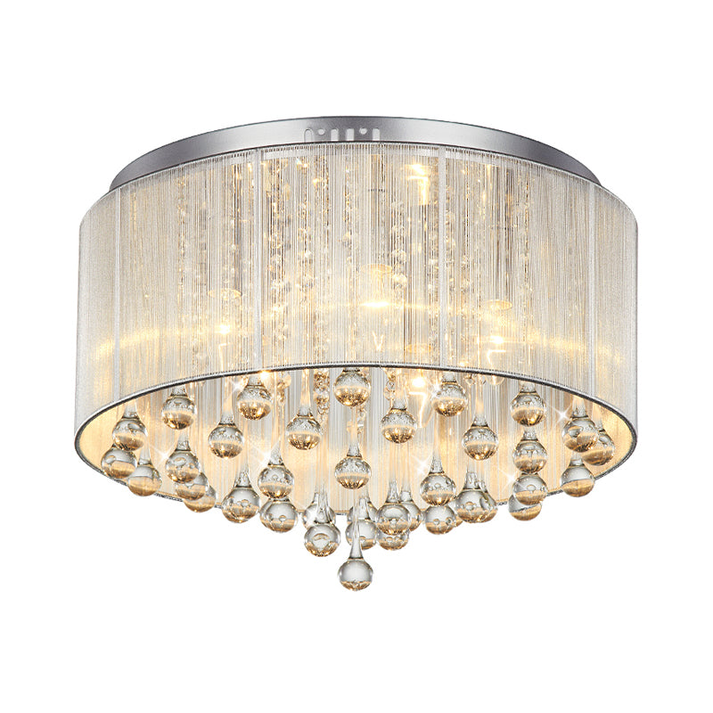 Contemporary Silver Flush Mount Drum Light with 6-Light Crystal Fixture for Bedrooms