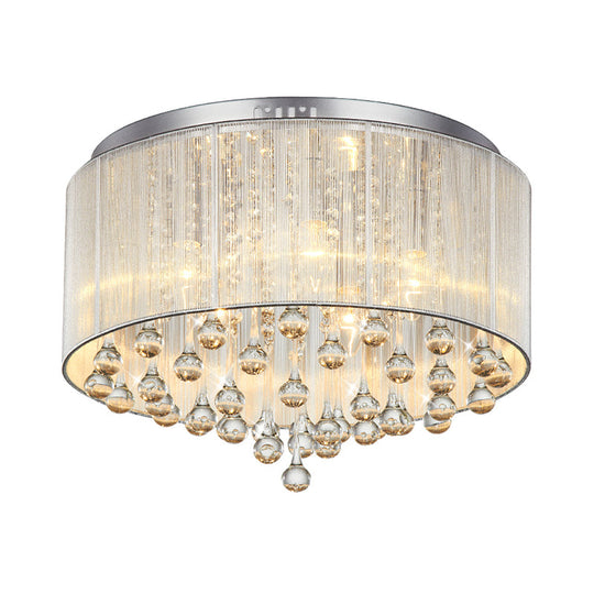 Contemporary Silver Flush Mount Drum Light with 6-Light Crystal Fixture for Bedrooms