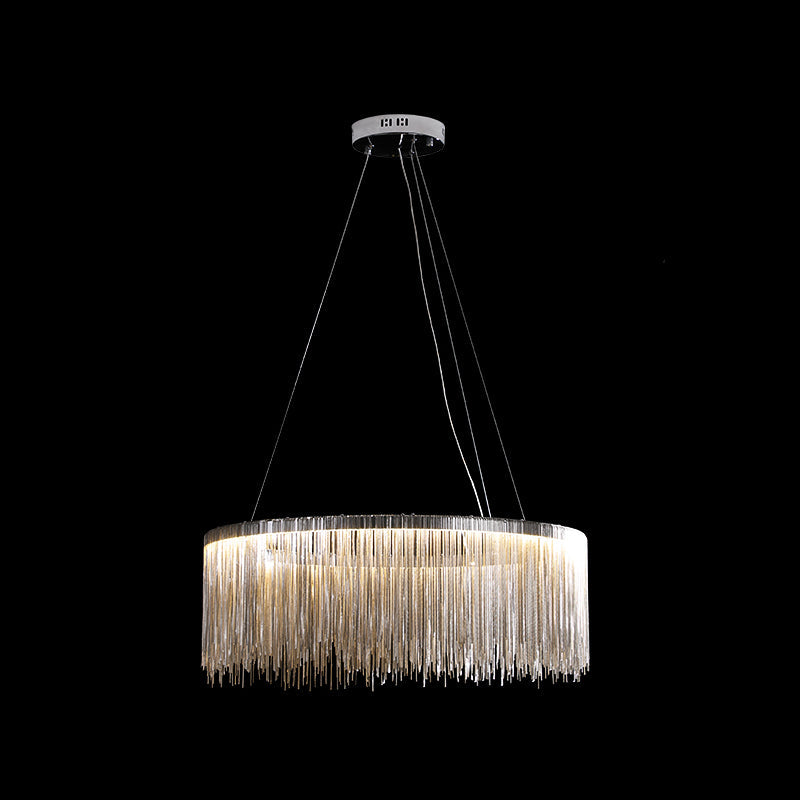 Modern Circular Metal Tassel Chain Chandelier - Living Room Pendant Lamp With 3-Colored Led Lights