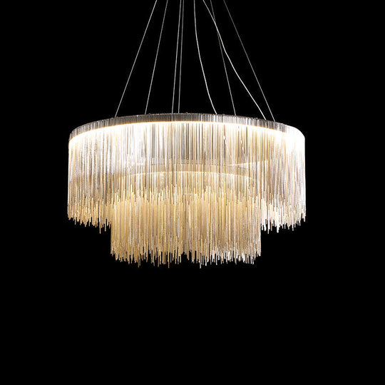 Modern Circular Metal Tassel Chain Chandelier - Living Room Pendant Lamp With 3-Colored Led Lights