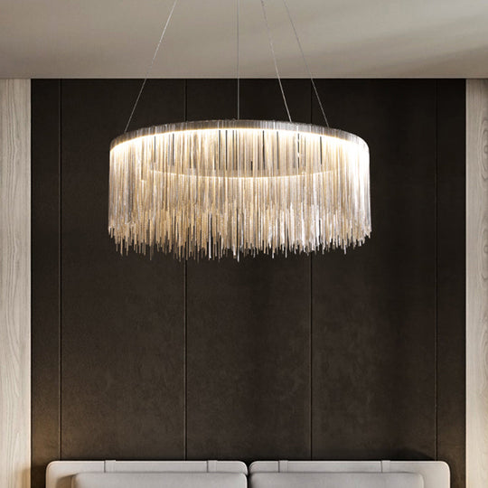 Modern Circular Metal Tassel Chain Chandelier - Living Room Pendant Lamp With 3-Colored Led Lights