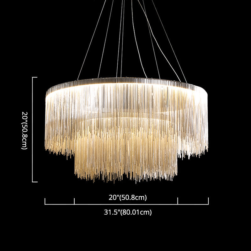 Modern Circular Metal Tassel Chain Chandelier - Living Room Pendant Lamp With 3-Colored Led Lights