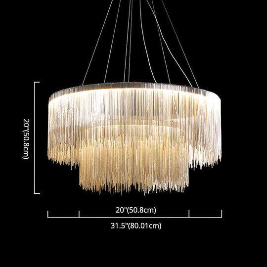 Modern Circular Metal Tassel Chain Chandelier - Living Room Pendant Lamp With 3-Colored Led Lights