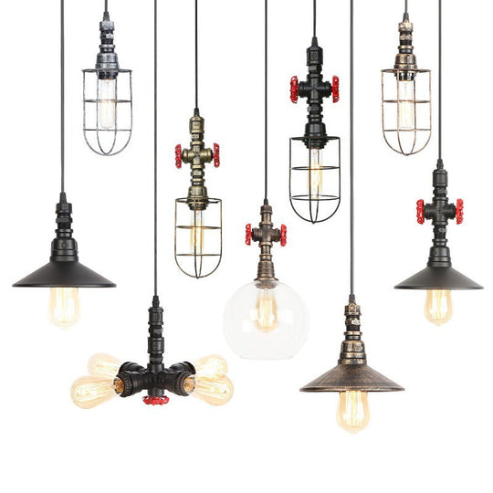 Rust Finish Water Pipe Chandelier - Industrial 4-Light Fixture with Edison Bulbs for Bar, Cafe, Shop