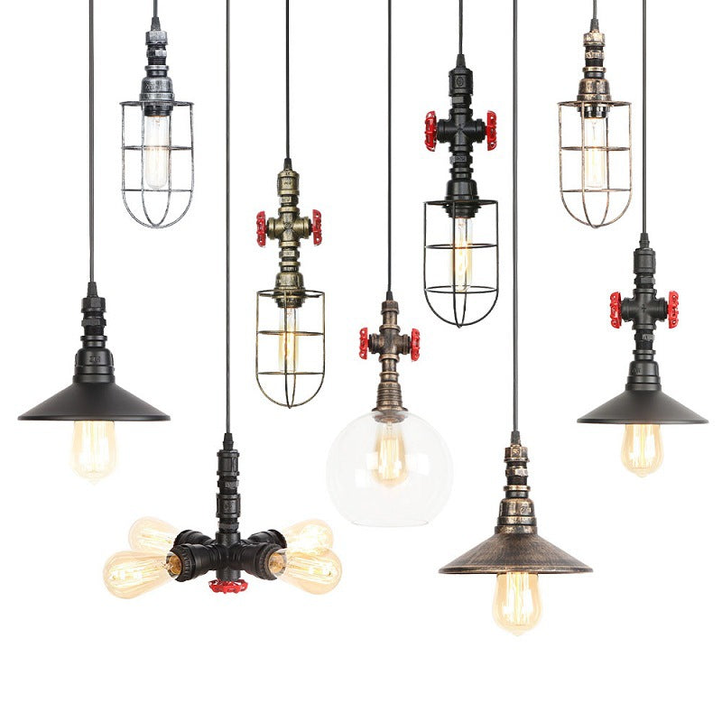 Rust Finish Water Pipe Chandelier Light Fixture - Industrial 4-Light Edison Bulb Hanging Lamp For