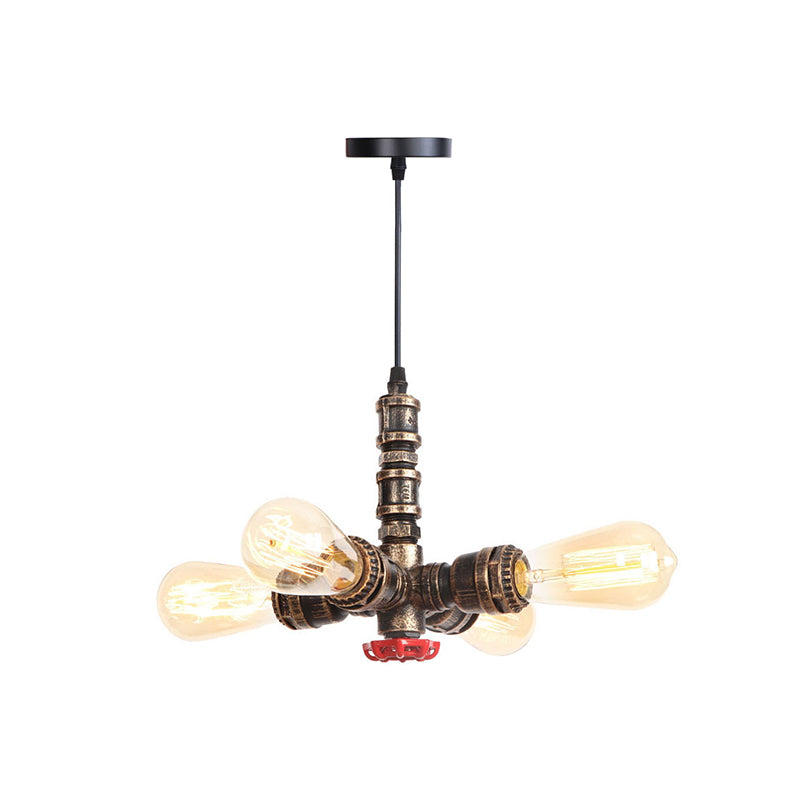 Rust Finish Water Pipe Chandelier Light Fixture - Industrial 4-Light Edison Bulb Hanging Lamp For