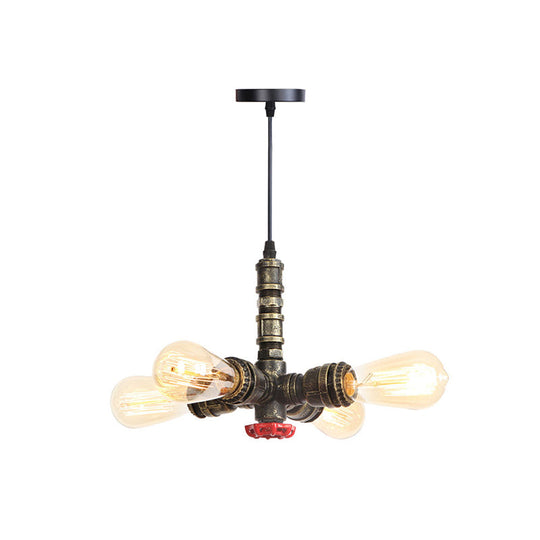 Rust Finish Water Pipe Chandelier - Industrial 4-Light Fixture with Edison Bulbs for Bar, Cafe, Shop