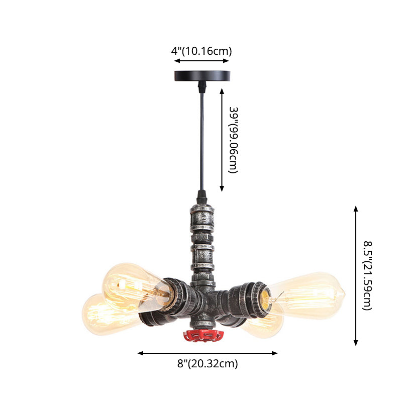 Rust Finish Water Pipe Chandelier - Industrial 4-Light Fixture with Edison Bulbs for Bar, Cafe, Shop