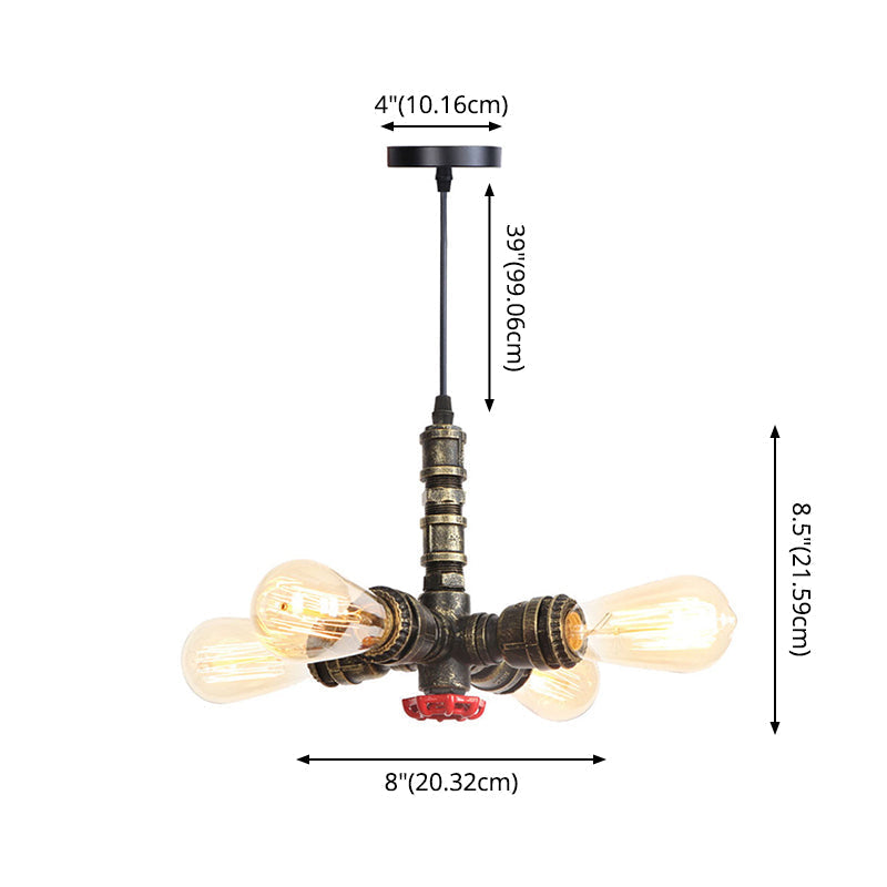 Rust Finish Water Pipe Chandelier - Industrial 4-Light Fixture with Edison Bulbs for Bar, Cafe, Shop