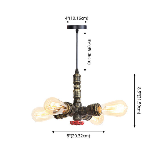 Rust Finish Water Pipe Chandelier - Industrial 4-Light Fixture with Edison Bulbs for Bar, Cafe, Shop