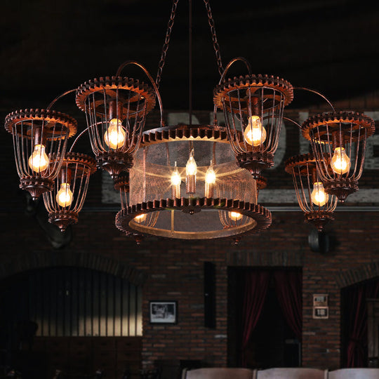 Large Cage Chandelier: Industrial Style Pendant Light Fixture in Wrought Iron with Rust Finish