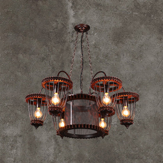 Rust Finish Large Cage Chandelier: Wrought Iron Industrial Pendant Light Fixture 6 /