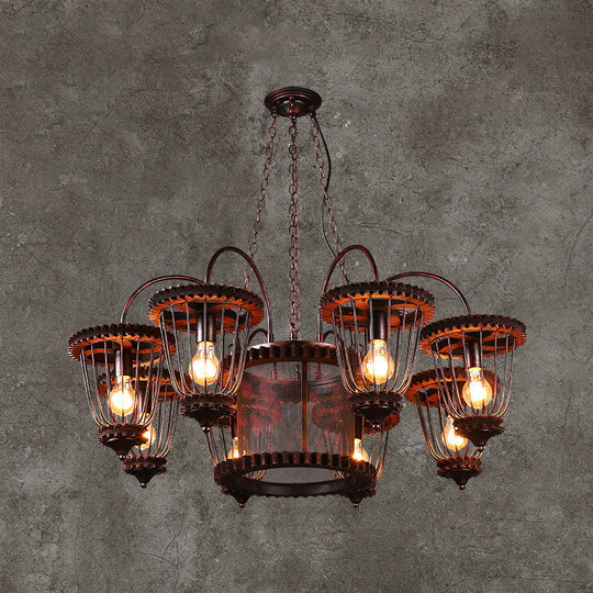 Rust Finish Large Cage Chandelier: Wrought Iron Industrial Pendant Light Fixture 8 /