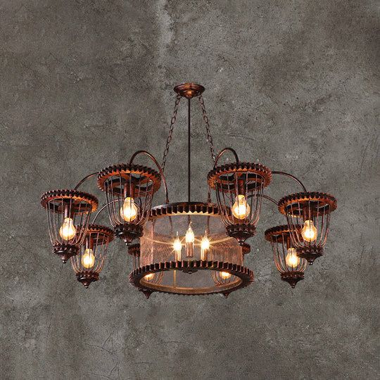 Rust Finish Large Cage Chandelier: Wrought Iron Industrial Pendant Light Fixture 11 /