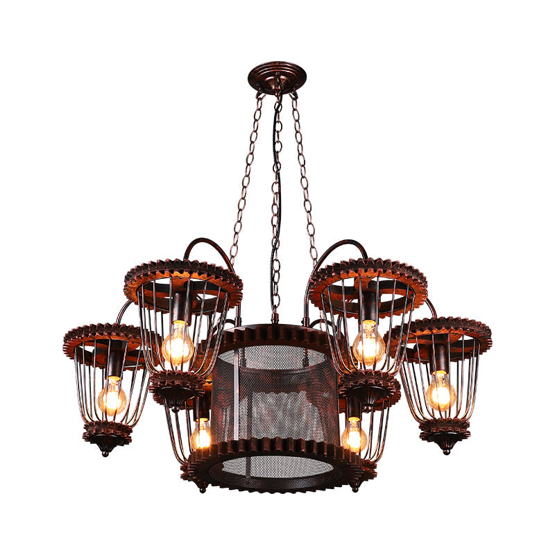 Large Cage Chandelier: Industrial Style Pendant Light Fixture in Wrought Iron with Rust Finish