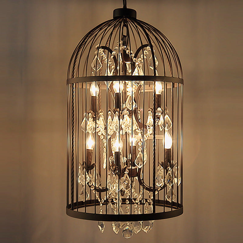 Retro Industrial Chandeliers - 8-Light Cage Shaped Coffee Shop Hanging Lamp with Crystal Pendant