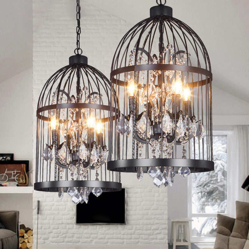 Retro Industrial Chandeliers - 8-Light Cage Shaped Coffee Shop Hanging Lamp with Crystal Pendant