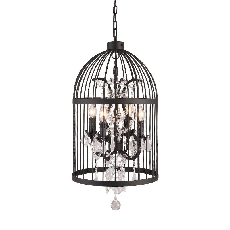 Retro Industrial Chandeliers: 8-Light Wrought Iron Cage Shaped Hanging Lamp With Crystal Pendant -