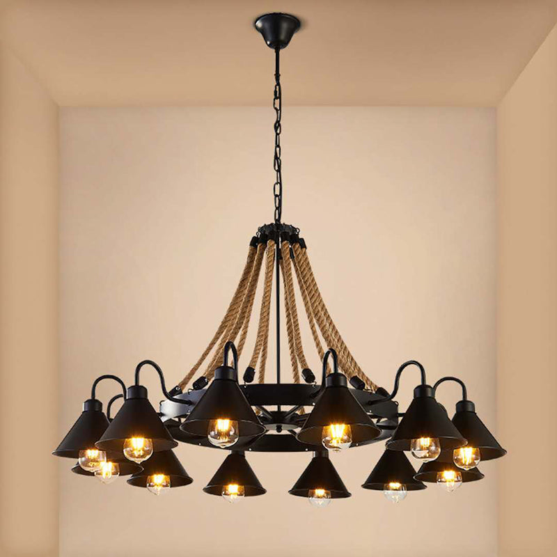 Industrial Vintage Large Chandelier with Rope and Metal Cone Shade - Perfect for Coffee Shop Pendant Lighting