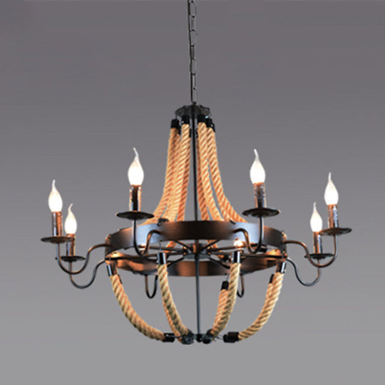 Industrial Rope Style Chandelier Pendant Lamp - Elegant Black Finish Candle Shape, Adjustable 39" Chain