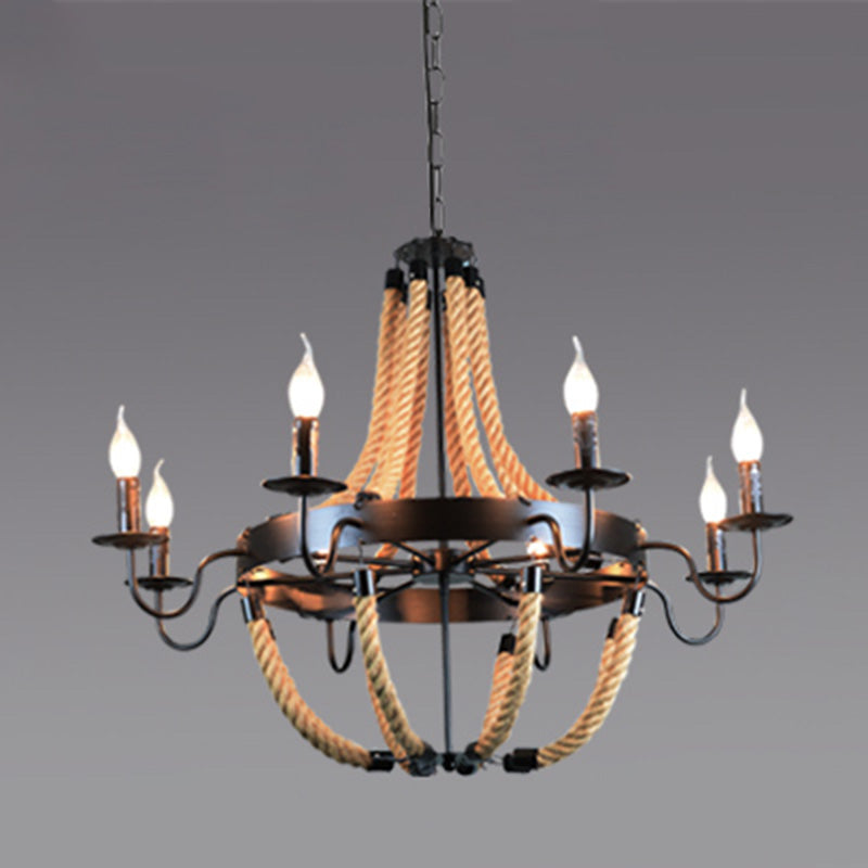 Industrial Rope Style Hanging Pendant Lamp With Adjustable Chain - Black Finish Candle Chandelier