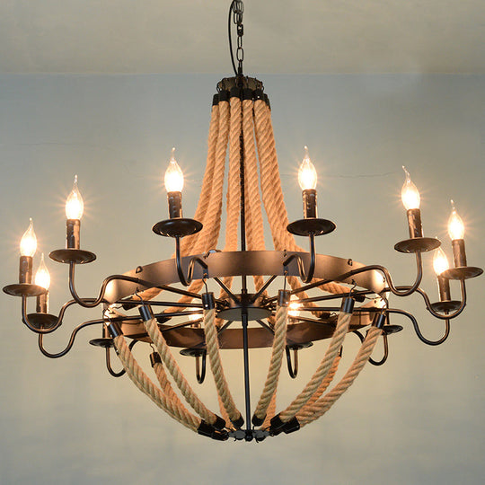 Industrial Rope Style Chandelier Pendant Lamp - Elegant Black Finish Candle Shape, Adjustable 39" Chain