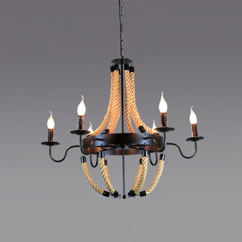 Industrial Rope Style Hanging Pendant Lamp With Adjustable Chain - Black Finish Candle Chandelier