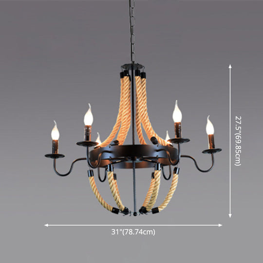 Industrial Rope Style Chandelier Pendant Lamp - Elegant Black Finish Candle Shape, Adjustable 39" Chain