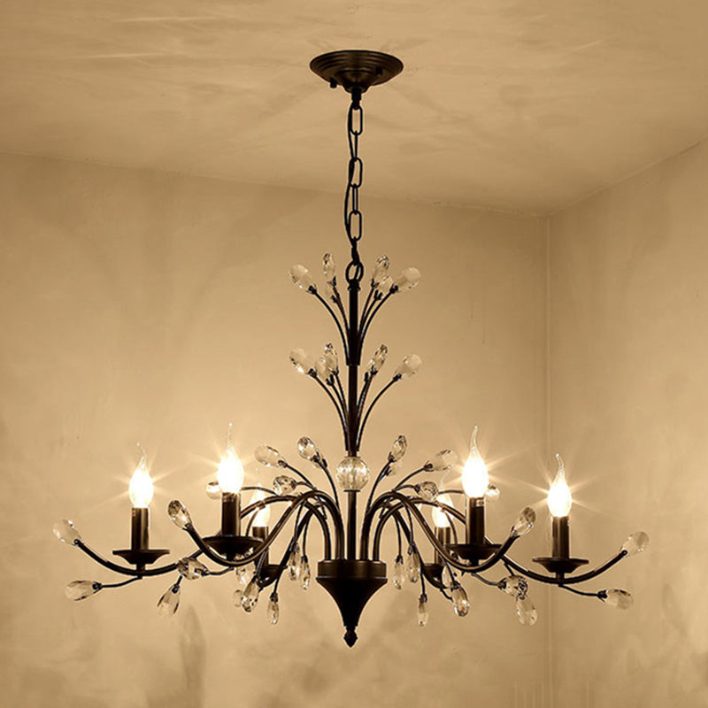 Vintage Metal Chandelier With Exposed Bulbs | 3/6/9 Lights Black Finish Crystal Draping 6 /