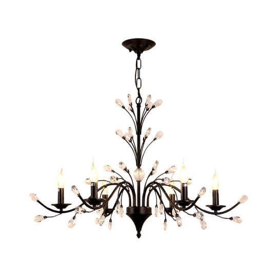 Vintage Metal Chandelier With Exposed Bulbs | 3/6/9 Lights Black Finish Crystal Draping